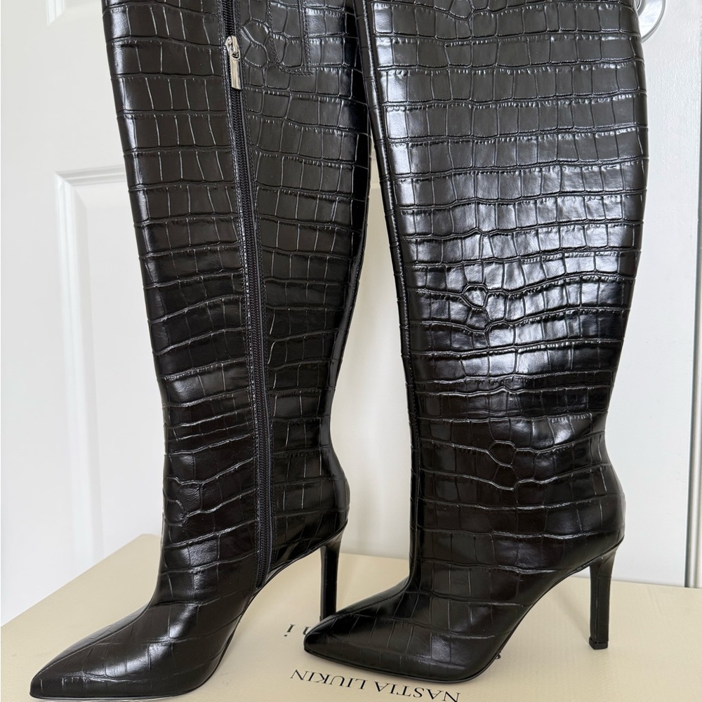Anastasia Dark Brown Croc-Embossed Heeled Boots